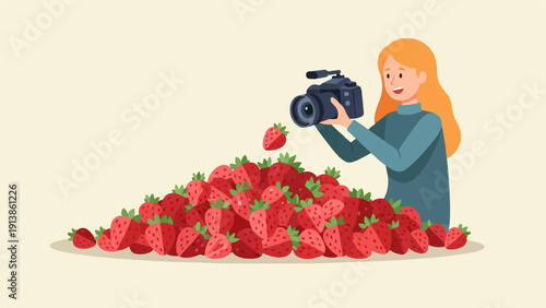 Person with camera films a large pile of strawberries