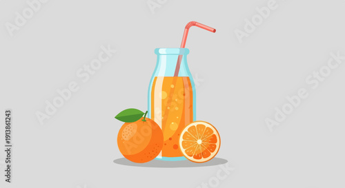 Refreshing orange juice in a glass bottle with fresh oranges