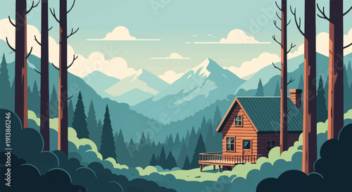 Rustic wooden cabin nestled amidst towering trees and misty mountains