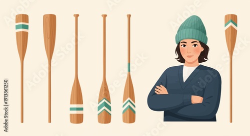 Person with crossed arms stands near wooden paddles of varying designs and colors