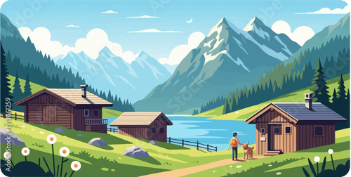Rustic mountain cabins by a serene lake with a person and dog