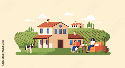 Rustic vineyard scene with houses, people enjoying drinks, and a cow