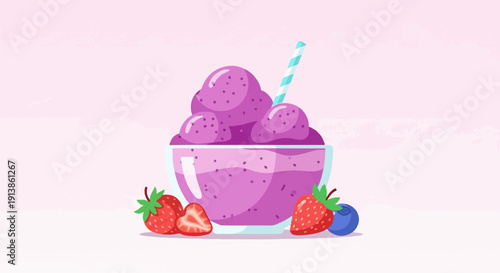 Refreshing purple berry smoothie in a bowl with straw and fresh fruits