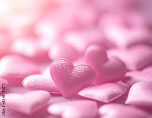 Close-up of multiple pink, plush, heart-shaped objects scattered across a surface. Soft, diffused lighting creates a warm, romantic ambiance