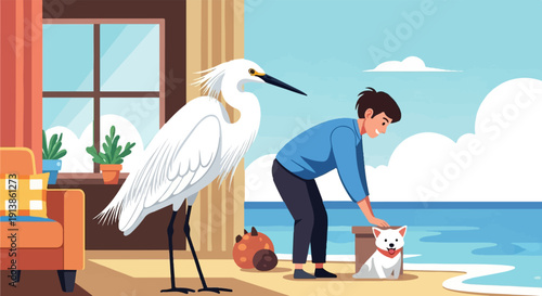 Person with dog and egret by the sea, indoor elements, sunny day