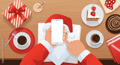 Santa Claus uses a smartphone while enjoying Christmas treats and coffee