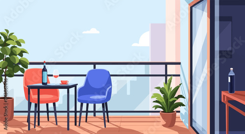 Relaxing balcony view with drinks, plants, and city skyline