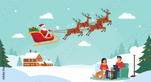 Santa's sleigh flies over a snowy village with people enjoying Christmas indoors