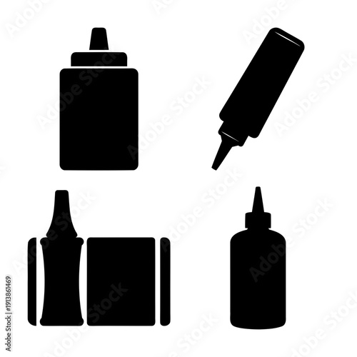 A collection of simple black silhouette icons depicting various squeeze bottles for sauce or glue