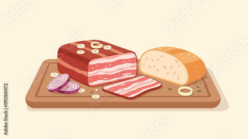 Savory breakfast scene with cured meat, bread, and onion on a wooden board