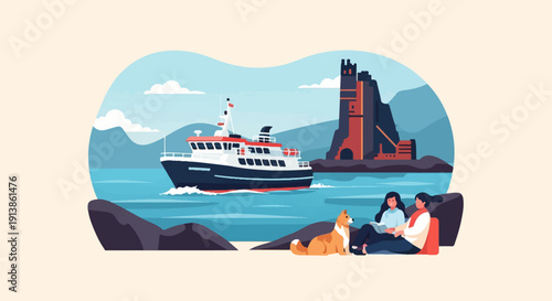 Scenic coastal view with a ferry, two women, a dog, and a distant structure