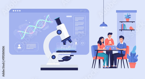 Scientists collaborate around laptops and a microscope displaying DNA