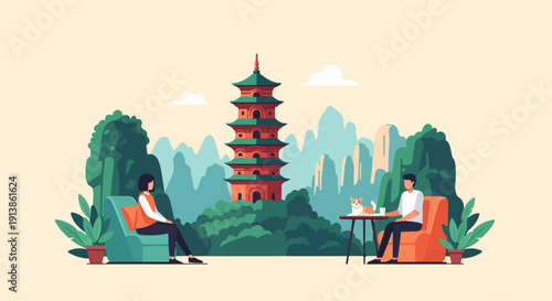 Relaxing in a scenic setting with a dog and traditional architecture