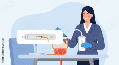 Scientist in blue suit and gloves working with medical equipment and fluid