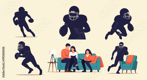 Silhouette football players and family enjoying indoor leisure time on sofa