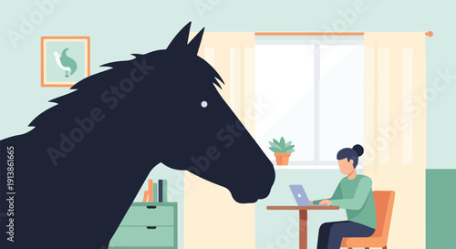 Silhouette of a horse head looms over a person working on a laptop