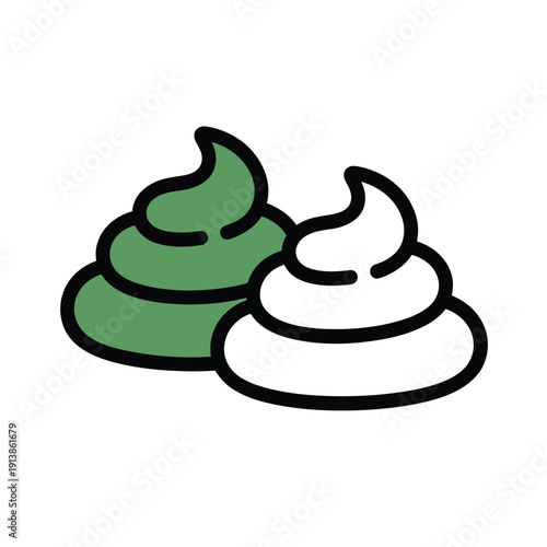 Two stylized dollops of soft serve or frosting show contrasting white.