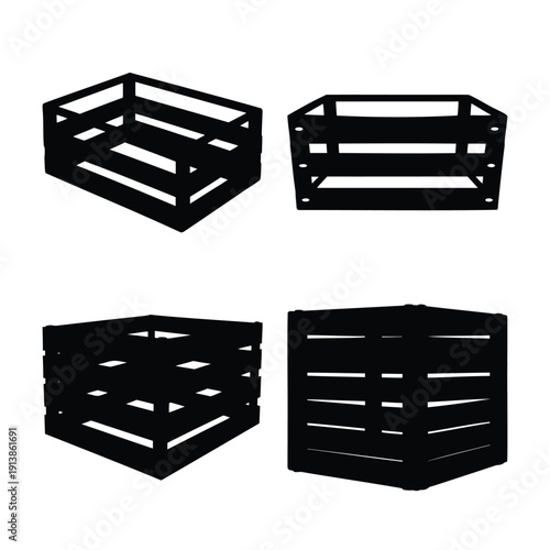 Collection of four distinct black silhouettes of slatted wooden crates on white background