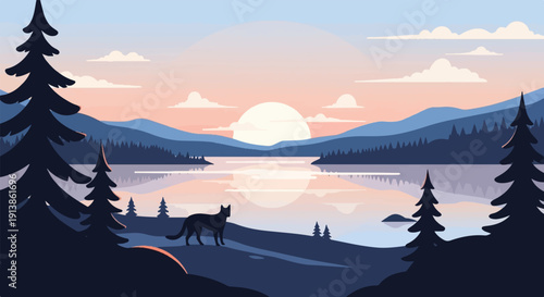 Silhouette of a wolf-like animal by a serene lake at sunset