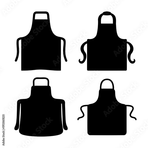 Collection of four distinct black apron silhouettes illustrating various kitchen and workwear styles
