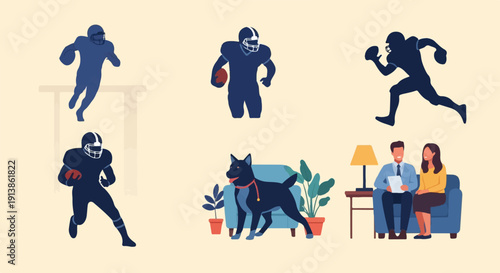 Silhouettes of football players, a dog, and people in a room