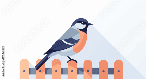 Stylized bird perched on a wooden fence in a minimalist design