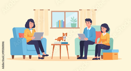 Therapy session with a dog present, in a home environment