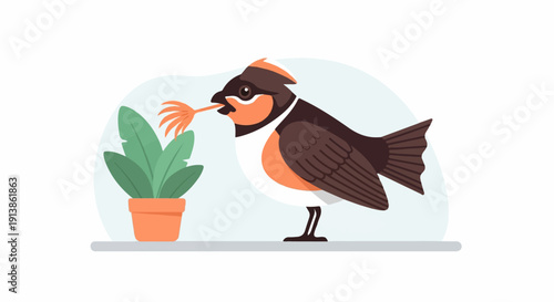 Stylized bird with orange chest pecking at a potted plant's bloom