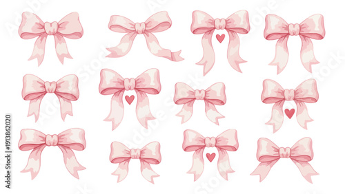 Watercolor Pink Ribbon Bows Set – Cute Pastel Decorative Bow Collection Isolated on Transparent Background