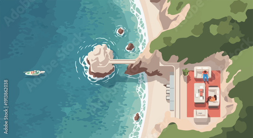 Serene aerial view of a coastal home with people relaxing by the water