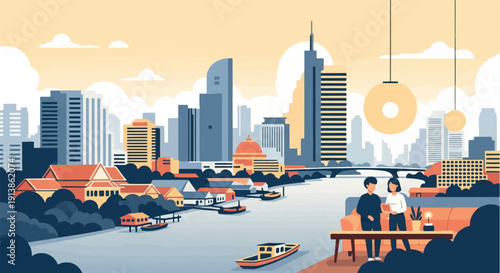 Stylized cityscape with a river, boats, and a couple relaxing on a couch