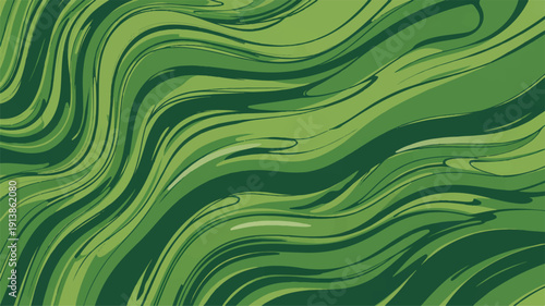 A digital art piece featuring flowing waves in various shades of green, creating a dynamic pattern, viewed from a straight-on perspective.