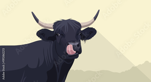 Stylized dark bull with horns and tongue sticking out on pale background