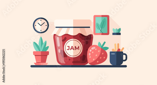 Simple illustration of a jam jar, strawberry, and potted plants