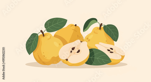 Simple illustration of ripe yellow pears and their cross-sections with green leaves