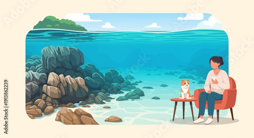 Serene beachside scene with a woman and dog enjoying the ocean view