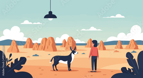 Stylized desert landscape with person, dog, and rock formations