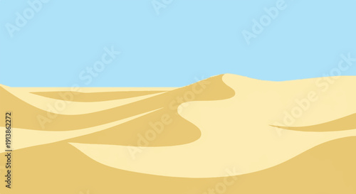 Stylized desert landscape with rolling sand dunes under a clear blue sky