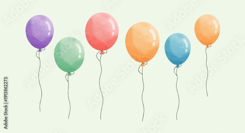 Six balloons in pastel colors float upwards on strings against a light background