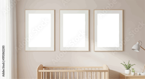 Three blank picture frames hang above a wooden crib