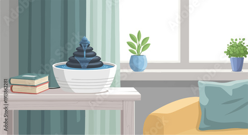 Serene indoor scene with a table, fountain, books, plants, and a sofa