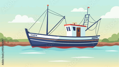 Stylized fishing vessel sails on calm, light blue waters near a shore