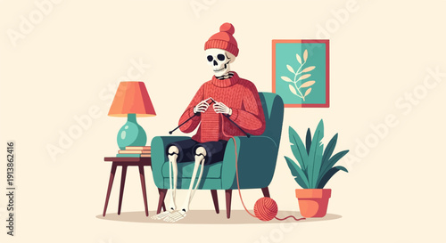Skeleton in cozy room knitting a red sweater, lit by lamp