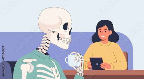 Skeleton and woman share a moment while holding digital device and beverage