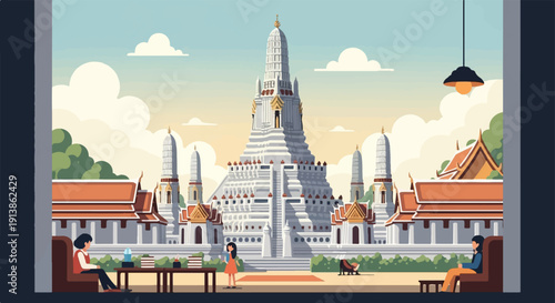 Serene view of a majestic temple complex with people relaxing outdoors