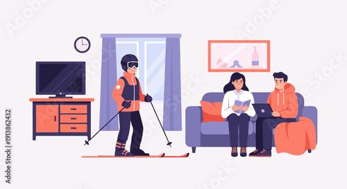 Skier stands indoors while others relax on couch with book and laptop