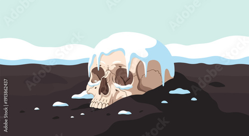 Skull emerging from dark earth with ice and snow