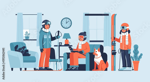 Ski enthusiasts relax indoors with their dog before hitting the slopes