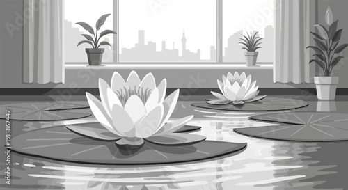Serene water lilies float on water, framed by plants and city skyline