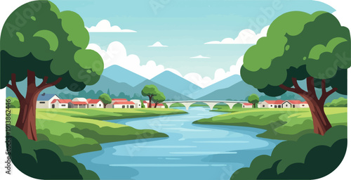 Serene village nestled beside a flowing river with mountains in the distance